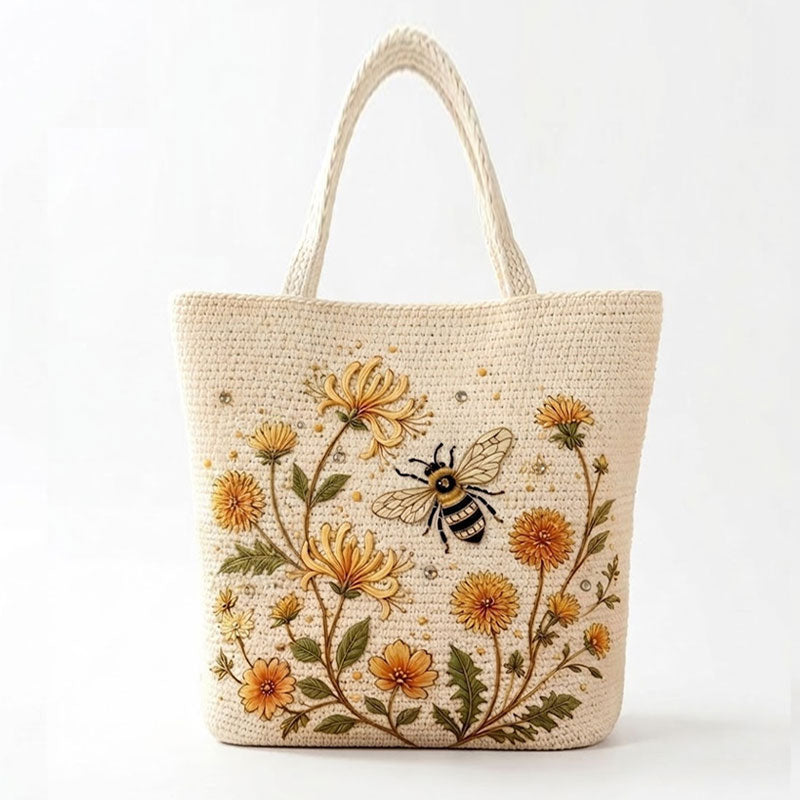 🌼 Sac fourre-tout « Abeille » au crochet fait main : broderie florale haut de gamme et sac à bandoulière bohème chic ! 🐝