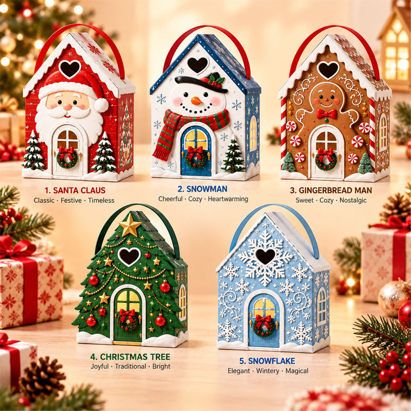 🏠🎄 Coffret cadeau « Christmas Cottage » avec poignée — 5 motifs festifs, emballage en forme de maison avec poignée de transport