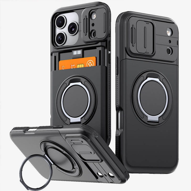 📱💳 Étui multifonctionnel pour téléphone — Compartiment coulissant pour cartes, cache-appareil photo et support anneau à 360°