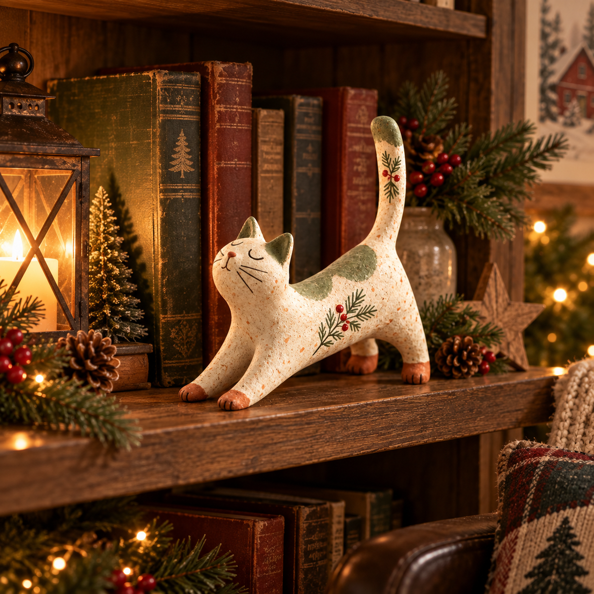 🐈🎄 Figurine de chat de Noël des bois : un petit compagnon des bois tout douillet pour votre maison pendant les fêtes