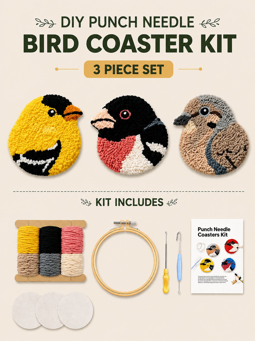 🧵Adapté aux débutants🐦Kit de broderie au poinçon pour sous-verres « Oiseaux » à réaliser soi-même