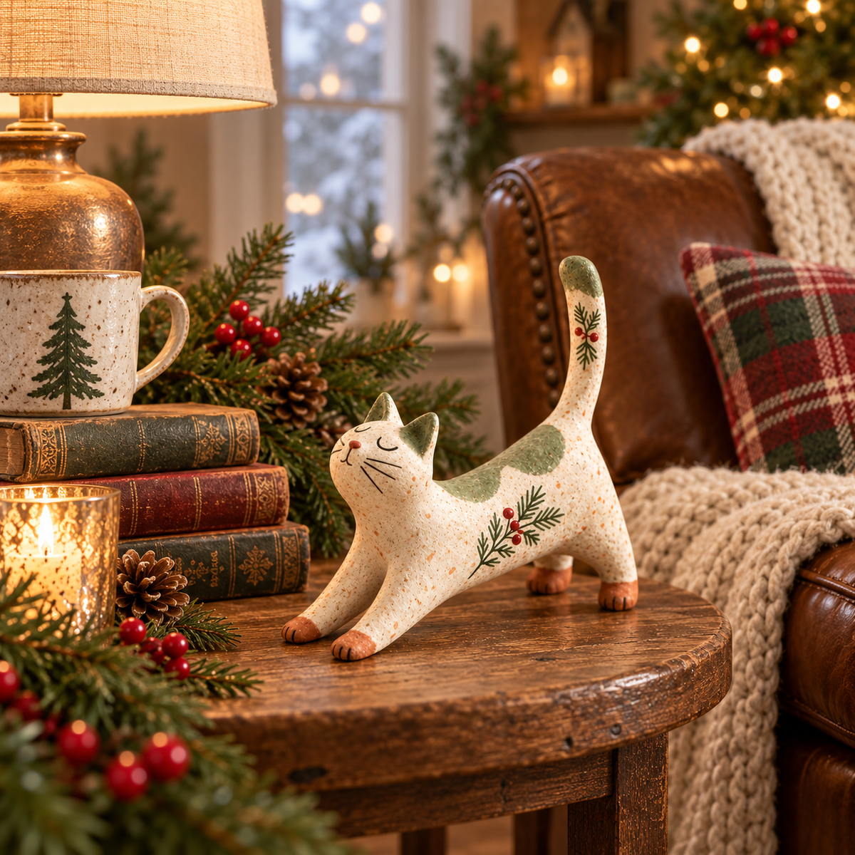 🐈🎄 Figurine de chat de Noël des bois : un petit compagnon des bois tout douillet pour votre maison pendant les fêtes
