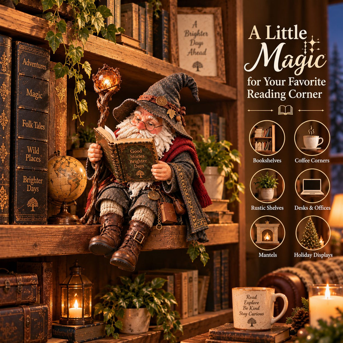 📚🧙‍♂️ Le gnome érudit errant — Figurine pour les amateurs de livres fantastiques, idéale pour les coins lecture douillets