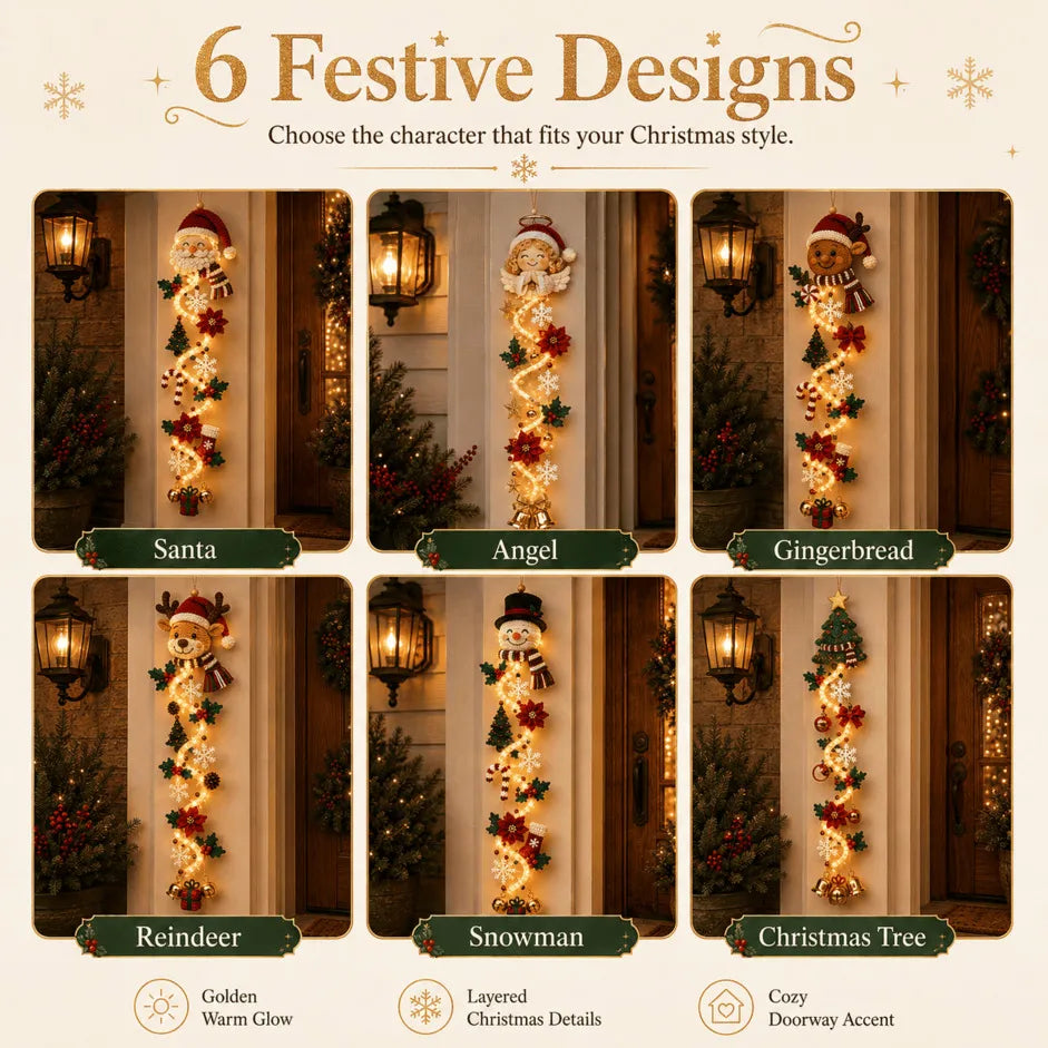 ✨🎄 Décoration de porte de Noël lumineuse — Lumière chaleureuse, charme artisanal, 6 modèles verticaux