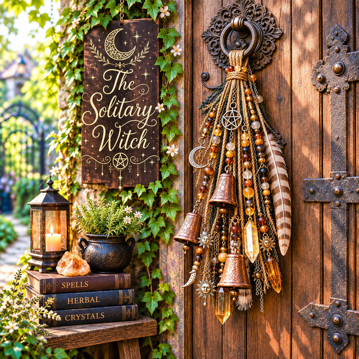 🔮🌙 The Solitary Witch Door Charm — Celestial Hanging Decor with Crystals, Feathers & Vintage Bells
