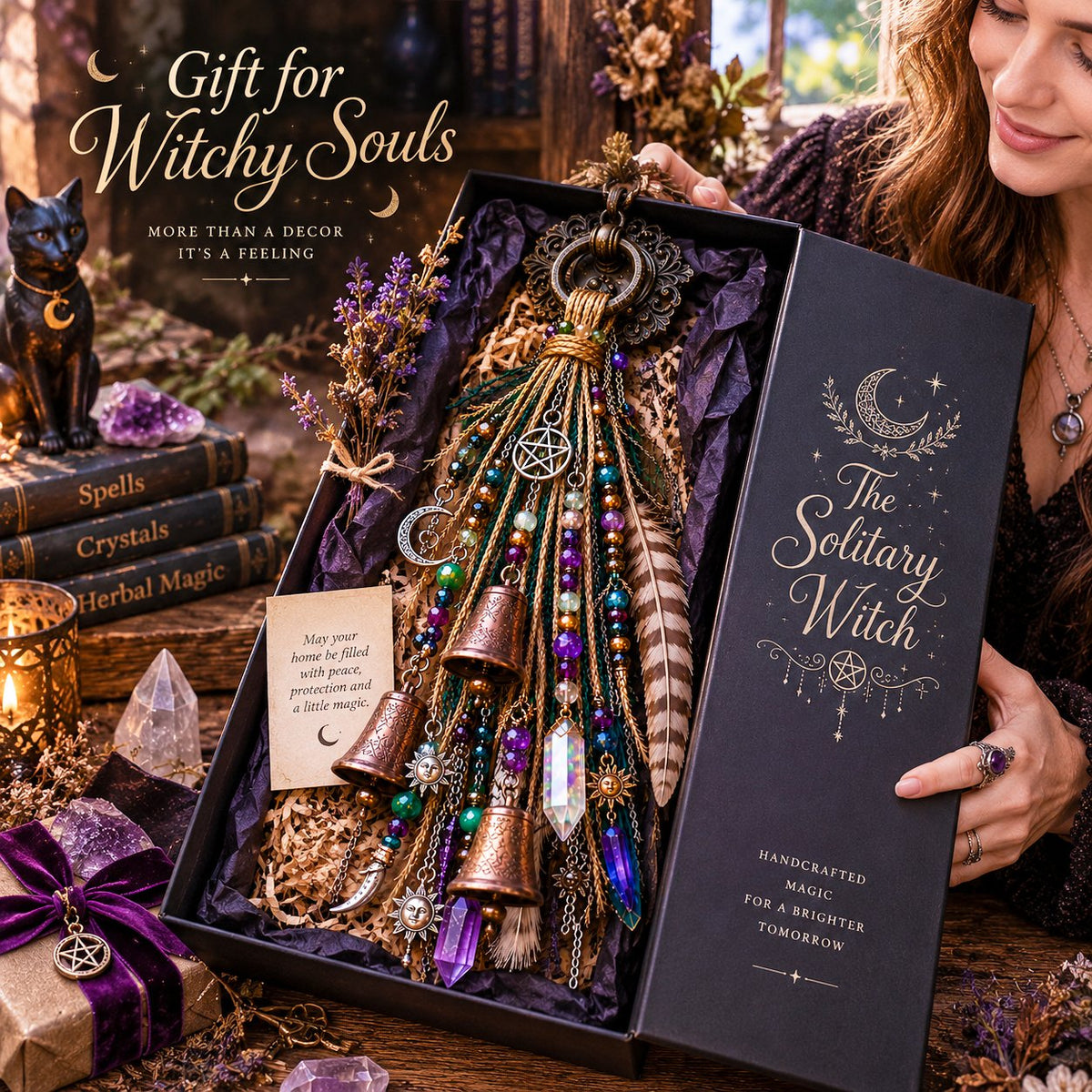 🔮🌙 The Solitary Witch Door Charm — Celestial Hanging Decor with Crystals, Feathers & Vintage Bells