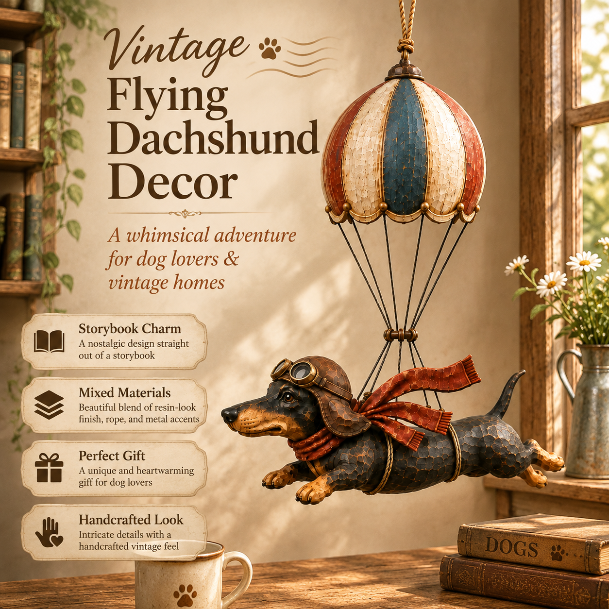 🐶🎈 Décoration « Teckel volant » pour montgolfière — Un charm vintage d'aviateur pour les amoureux des chiens