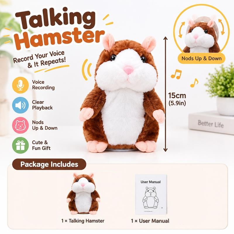 🐹 Peluche de hamster parlant — Répète ce que vous dites et remue la tête, 3 couleurs + édition de Noël