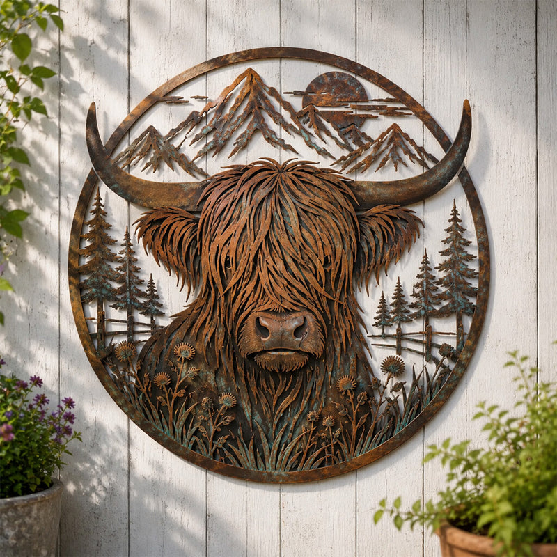 🏔️🐂 Décoration murale en métal « La montagne de la vache des Highlands »