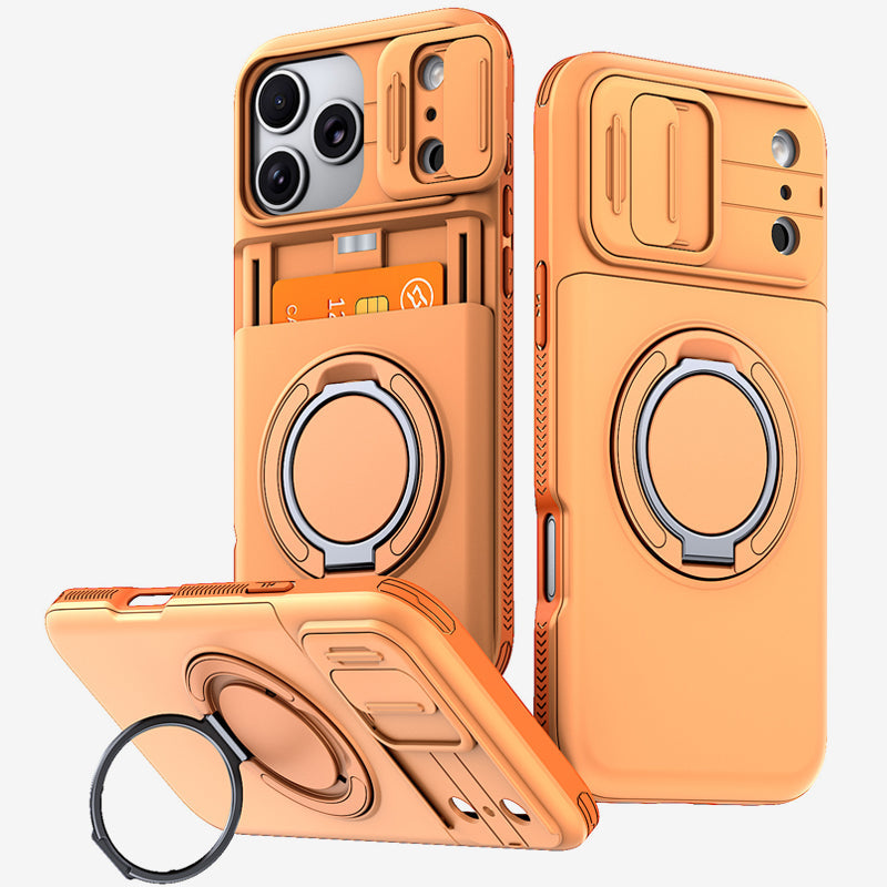 📱💳 Étui multifonctionnel pour téléphone — Compartiment coulissant pour cartes, cache-appareil photo et support anneau à 360°