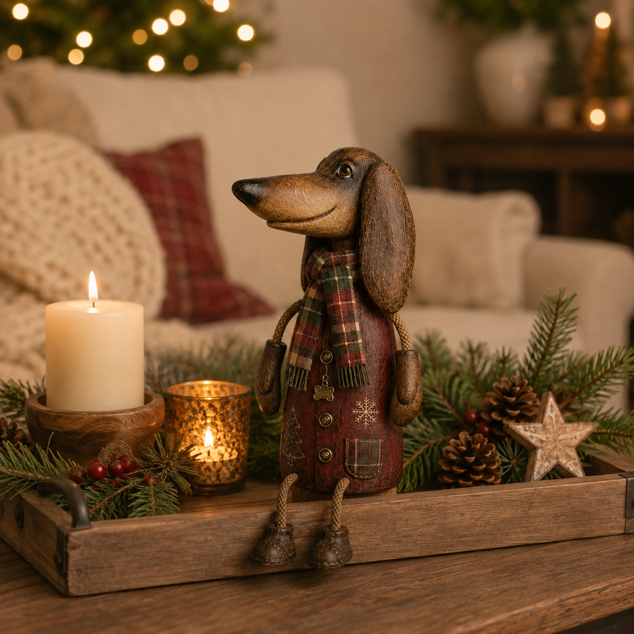 🎄🐾 Un petit teckel, beaucoup de joie de Noël — Figurine vintage à poser sur une étagère
