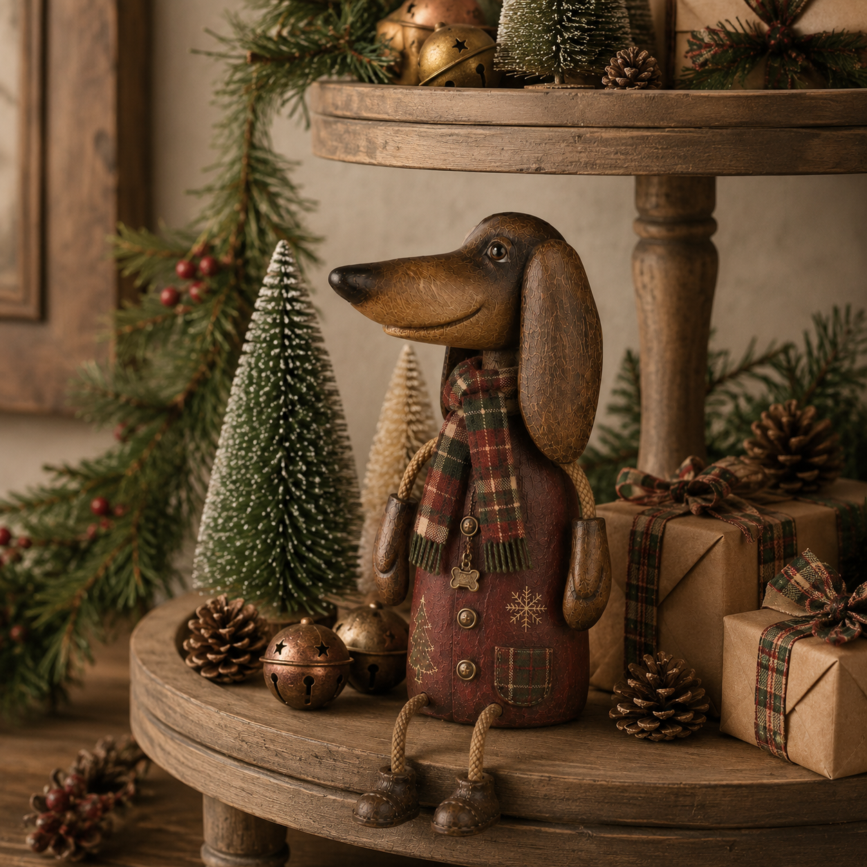 🎄🐾 Un petit teckel, beaucoup de joie de Noël — Figurine vintage à poser sur une étagère