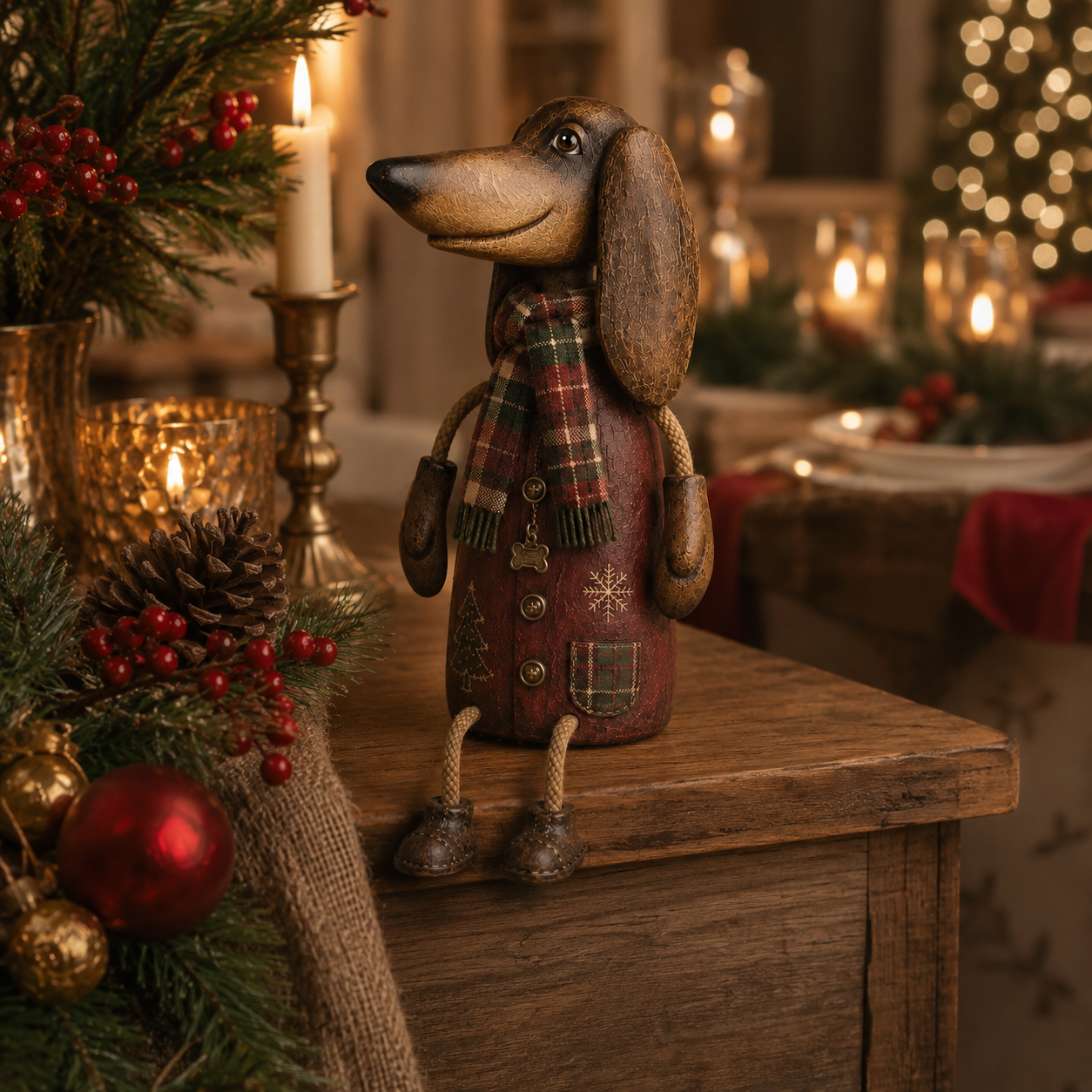 🎄🐾 Un petit teckel, beaucoup de joie de Noël — Figurine vintage à poser sur une étagère