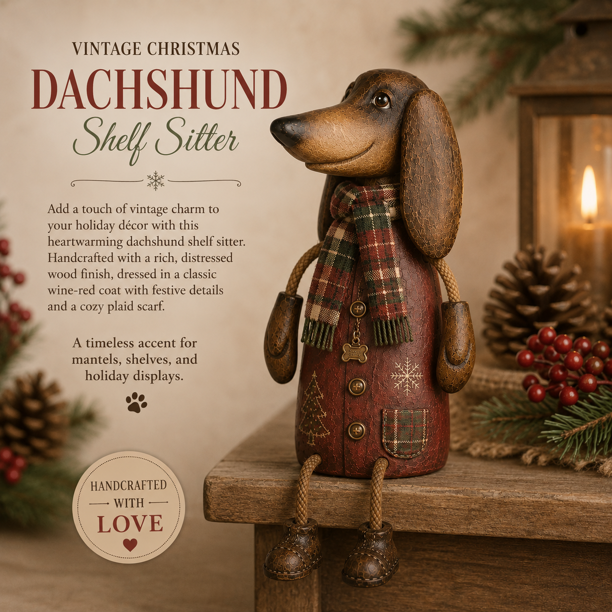 🎄🐾 Un petit teckel, beaucoup de joie de Noël — Figurine vintage à poser sur une étagère
