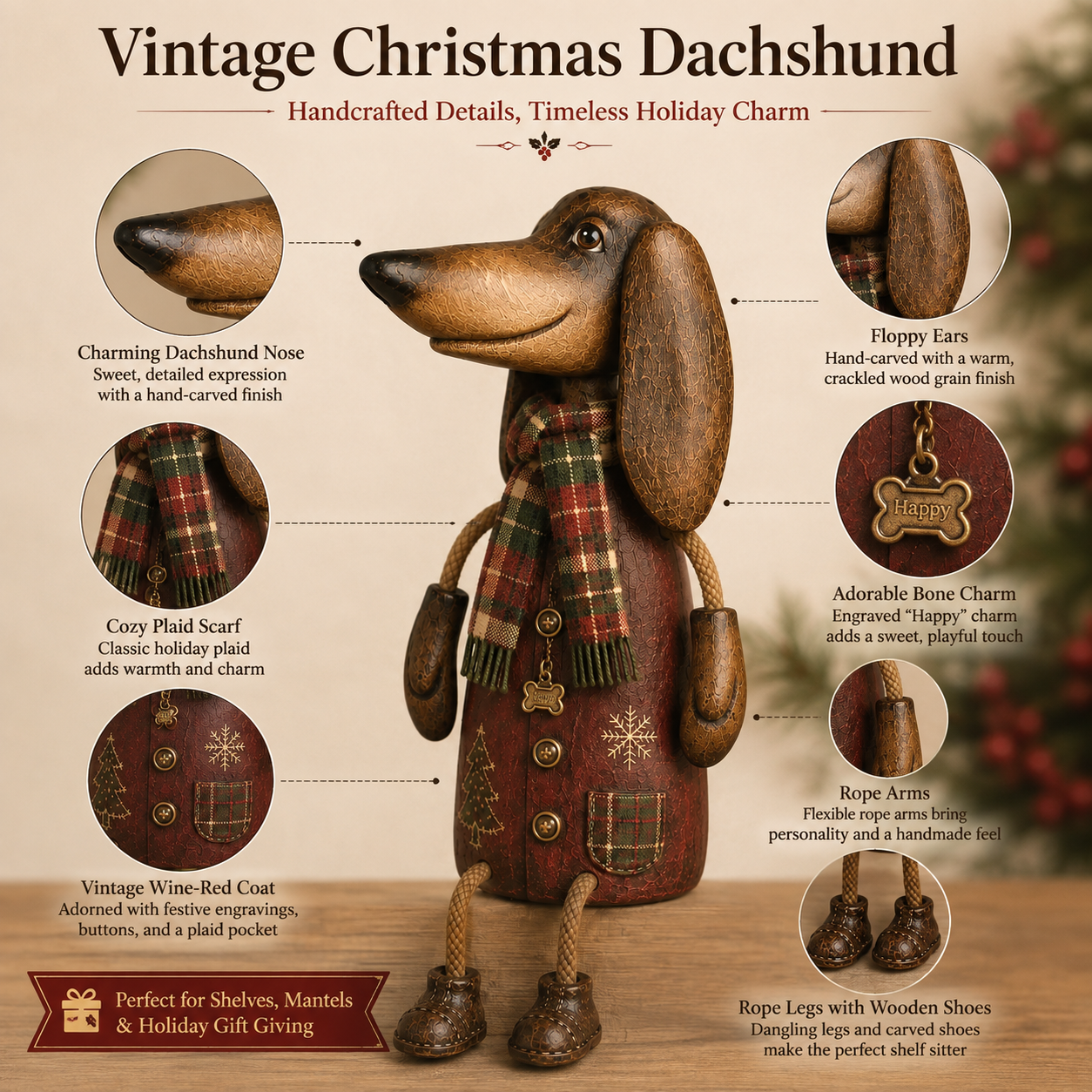 🎄🐾 Un petit teckel, beaucoup de joie de Noël — Figurine vintage à poser sur une étagère