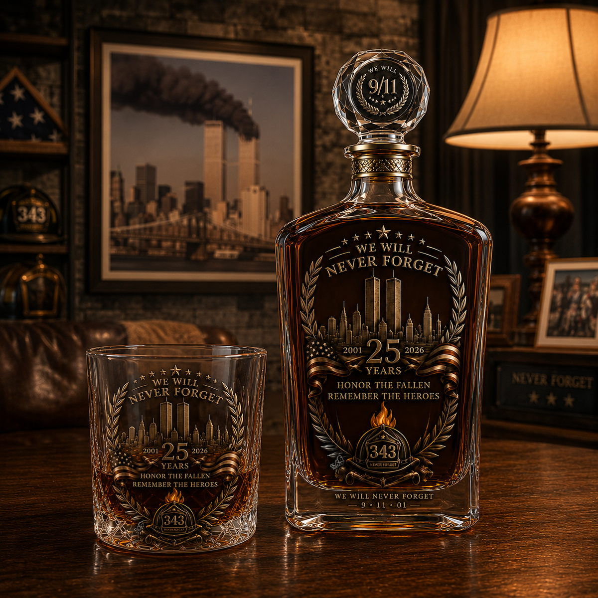 🕯️ Coffret de carafe à whisky « 25e anniversaire du 11 septembre » — Hommage commémoratif aux 343 héros