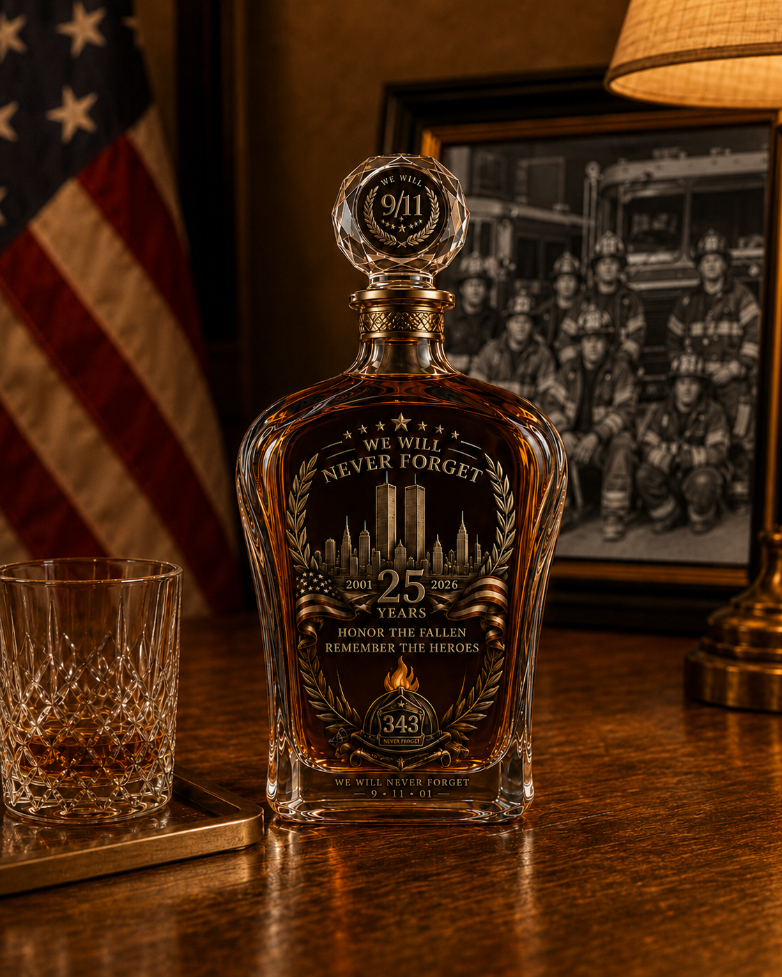 🕯️ Coffret de carafe à whisky « 25e anniversaire du 11 septembre » — Hommage commémoratif aux 343 héros