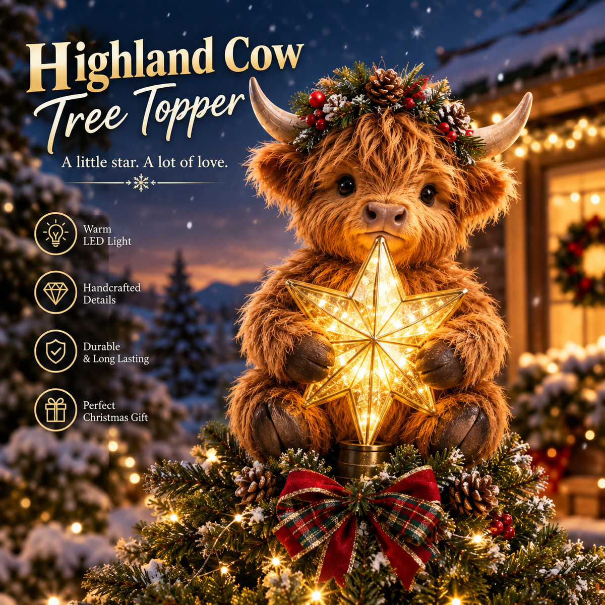 🐮⭐ Décoration de sapin « Bébé vache des Highlands » — Étoile scintillante, breloque duveteuse pour sapins de Noël