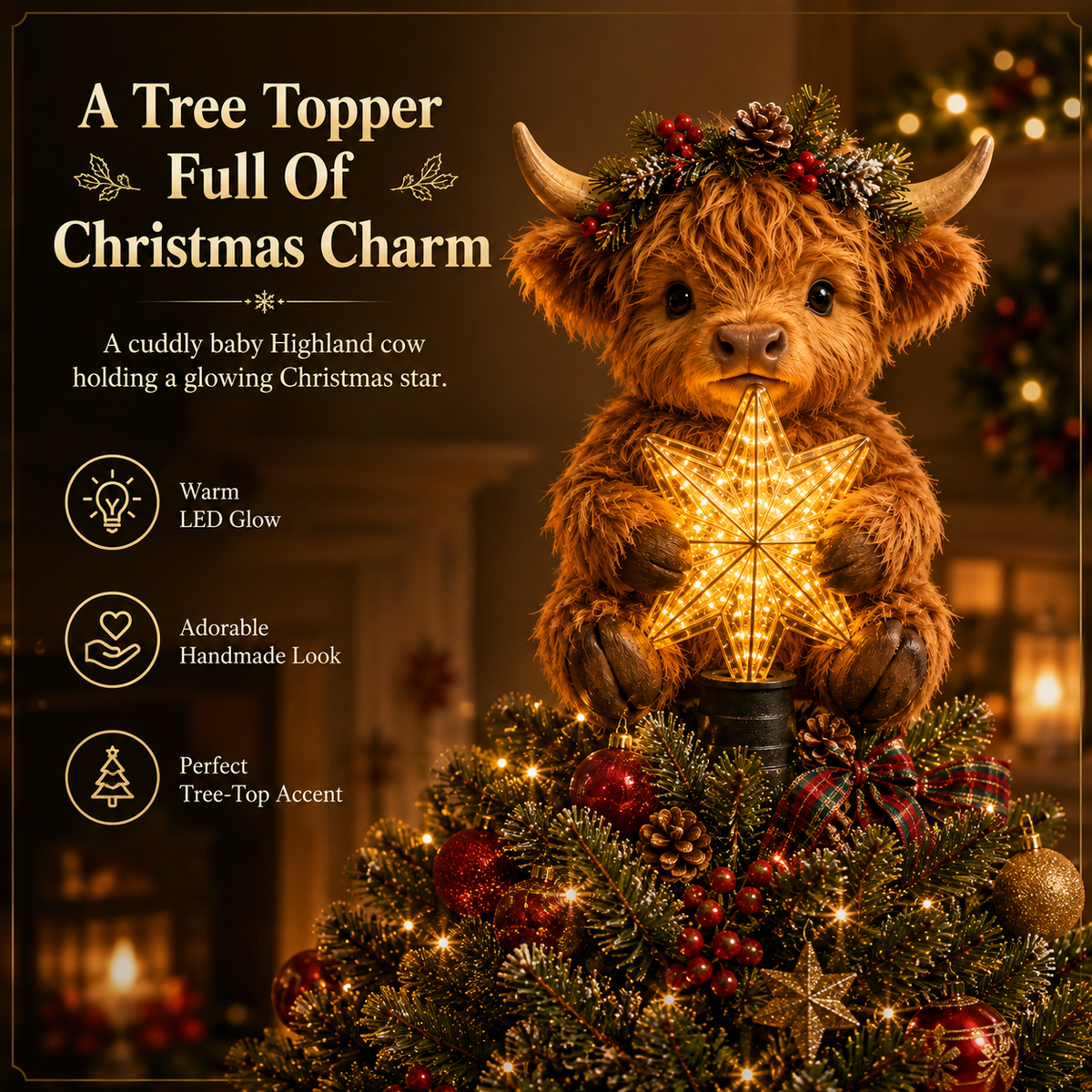 🐮⭐ Décoration de sapin « Bébé vache des Highlands » — Étoile scintillante, breloque duveteuse pour sapins de Noël
