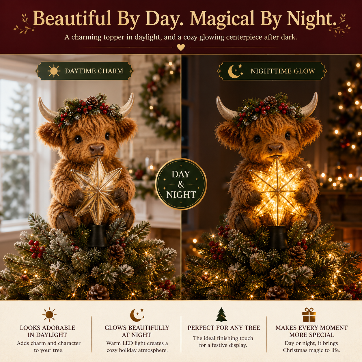 🐮⭐ Décoration de sapin « Bébé vache des Highlands » — Étoile scintillante, breloque duveteuse pour sapins de Noël