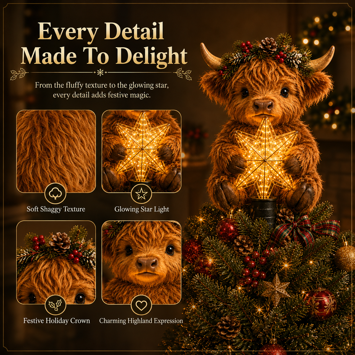 🐮⭐ Décoration de sapin « Bébé vache des Highlands » — Étoile scintillante, breloque duveteuse pour sapins de Noël