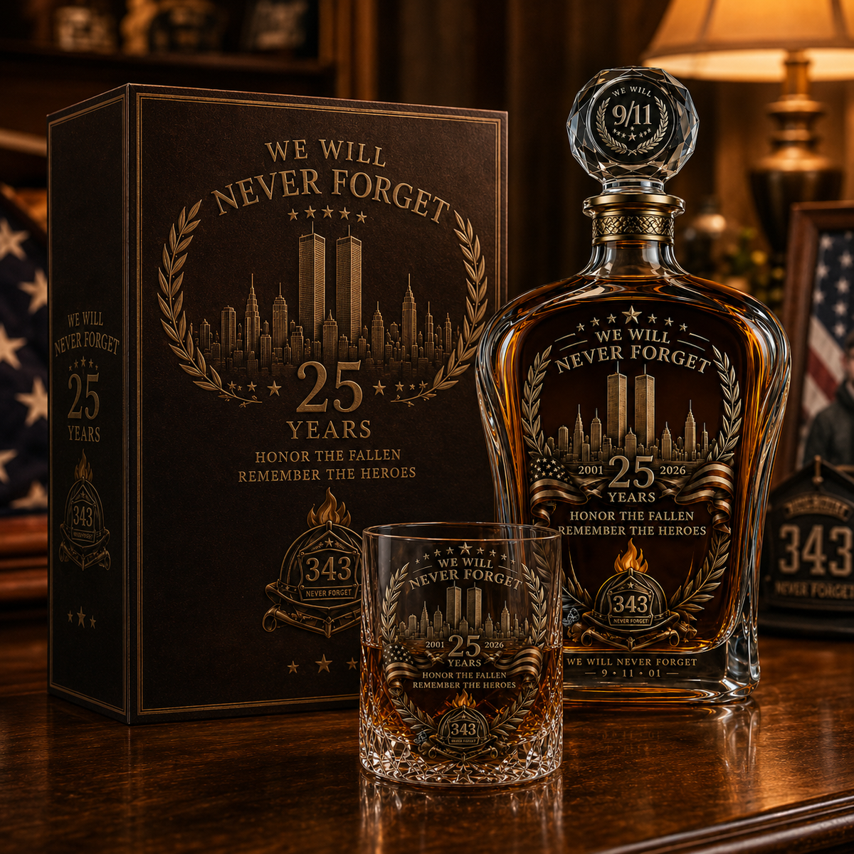 🕯️ Coffret de carafe à whisky « 25e anniversaire du 11 septembre » — Hommage commémoratif aux 343 héros