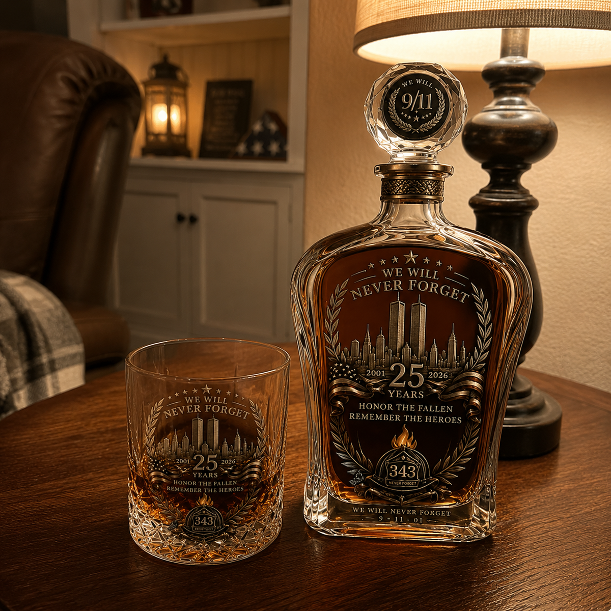🕯️ Coffret de carafe à whisky « 25e anniversaire du 11 septembre » — Hommage commémoratif aux 343 héros
