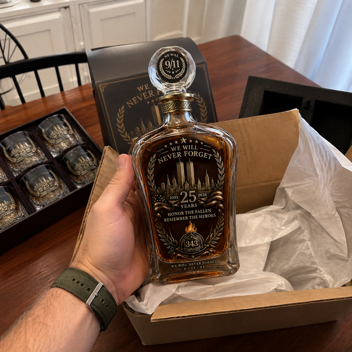 🕯️ Coffret de carafe à whisky « 25e anniversaire du 11 septembre » — Hommage commémoratif aux 343 héros