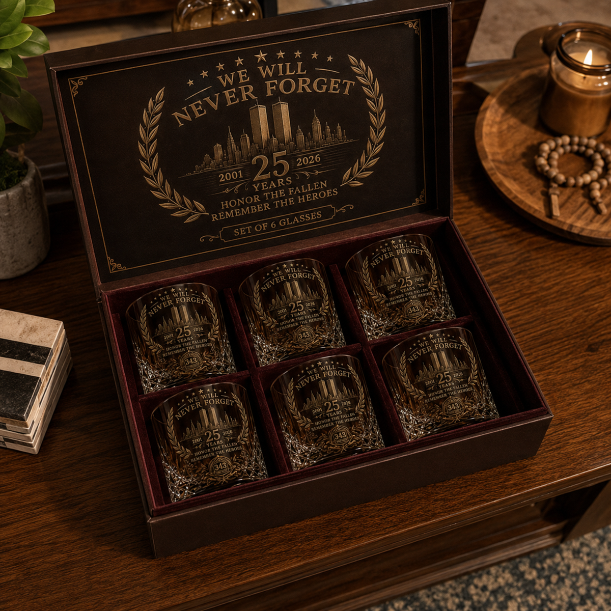 🕯️ Coffret de carafe à whisky « 25e anniversaire du 11 septembre » — Hommage commémoratif aux 343 héros