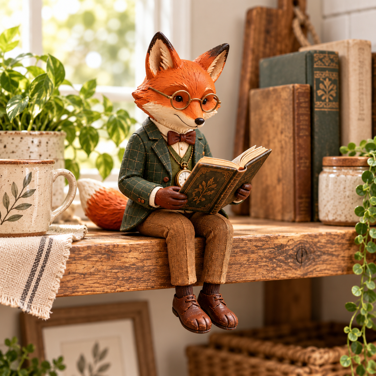 🦊📚 Figurine de renard lecteur — Décoration fantaisiste sur le thème des amateurs de livres et de la forêt