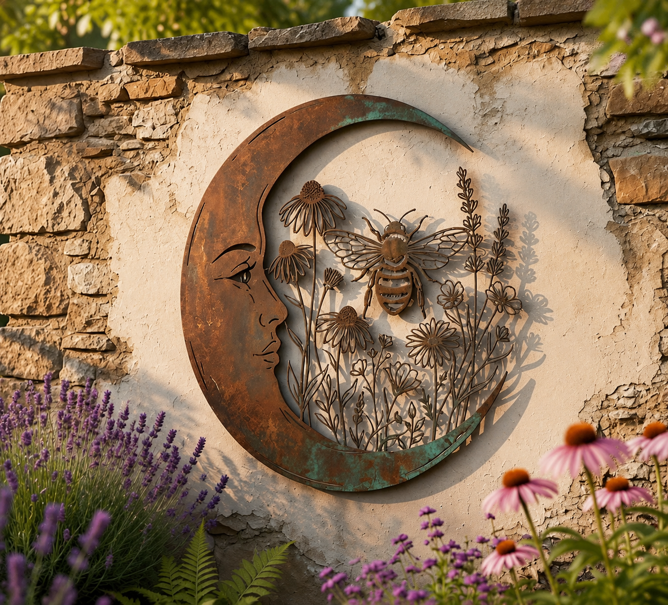 🌙 Décoration murale « Lune céleste et abeille » : une décoration de jardin rustique et fantaisiste pour l'extérieur ! 🐝
