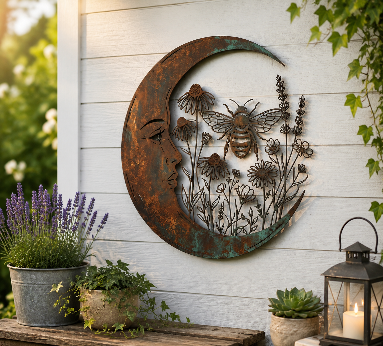 🌙 Décoration murale « Lune céleste et abeille » : une décoration de jardin rustique et fantaisiste pour l'extérieur ! 🐝