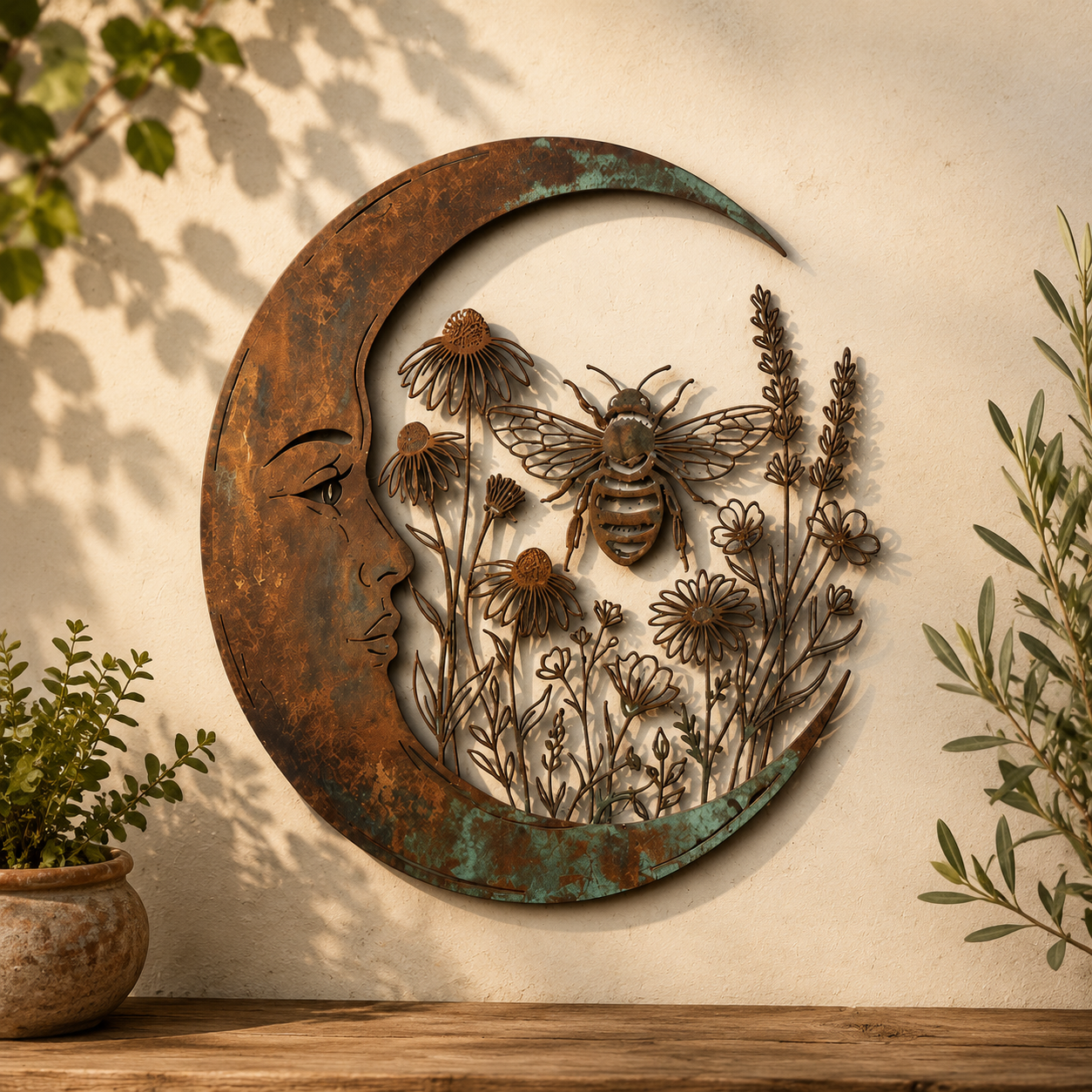 🌙 Décoration murale « Lune céleste et abeille » : une décoration de jardin rustique et fantaisiste pour l'extérieur ! 🐝