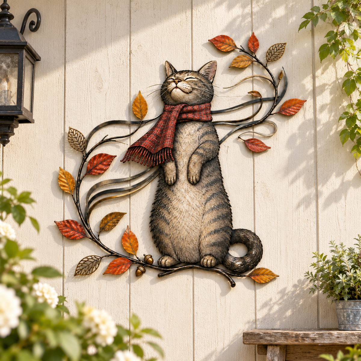 🐱🍂 Décoration murale « Chat d'automne » — Un chat espiègle parmi les feuilles d'automne