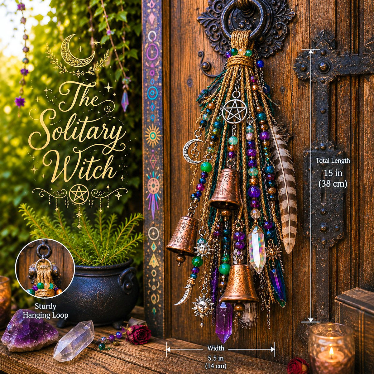 🔮🌙 The Solitary Witch Door Charm — Celestial Hanging Decor with Crystals, Feathers & Vintage Bells