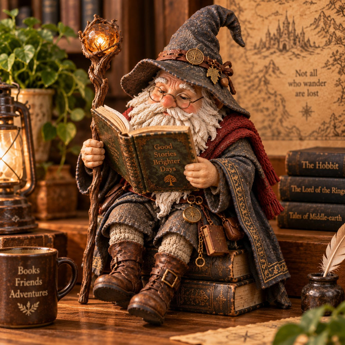 📚🧙‍♂️ Le gnome érudit errant — Figurine pour les amateurs de livres fantastiques, idéale pour les coins lecture douillets