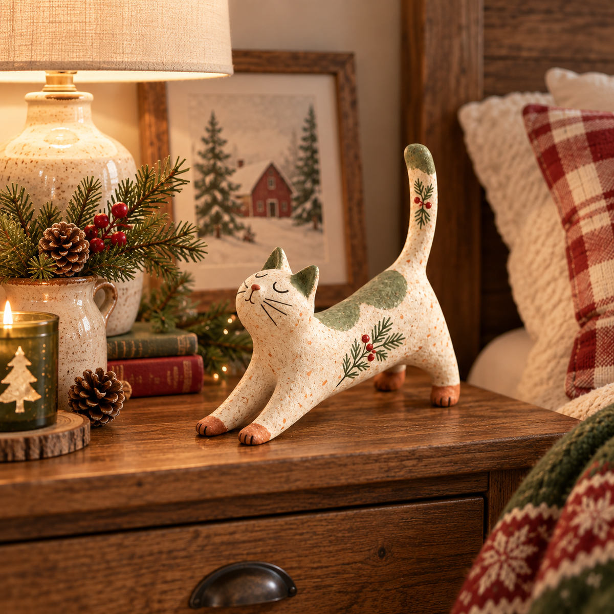 🐈🎄 Figurine de chat de Noël des bois : un petit compagnon des bois tout douillet pour votre maison pendant les fêtes