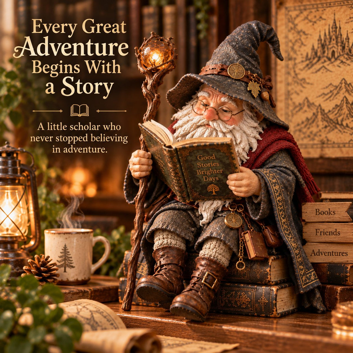 📚🧙‍♂️ Le gnome érudit errant — Figurine pour les amateurs de livres fantastiques, idéale pour les coins lecture douillets