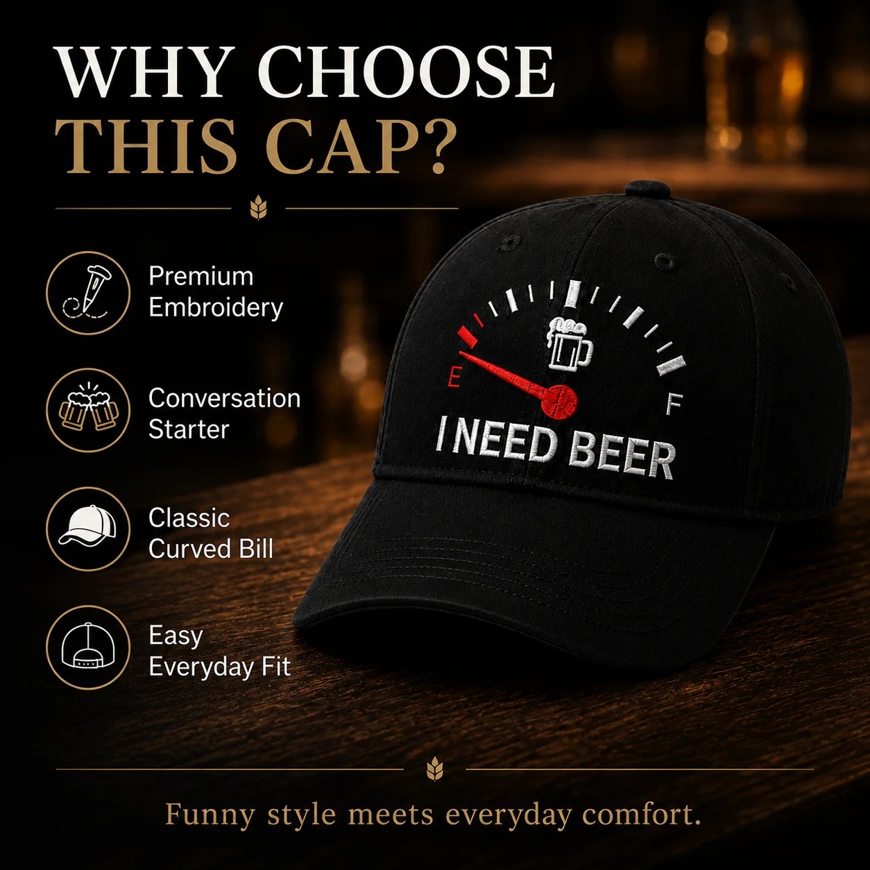 🧢 Casquette de baseball originale avec bouchon de réservoir brodé « I Need Beer » : une casquette de baseball originale ! 🍺✨