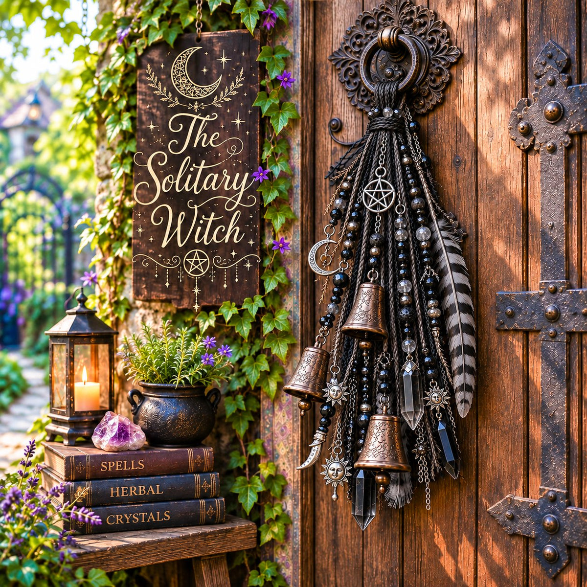 🔮🌙 The Solitary Witch Door Charm — Celestial Hanging Decor with Crystals, Feathers & Vintage Bells