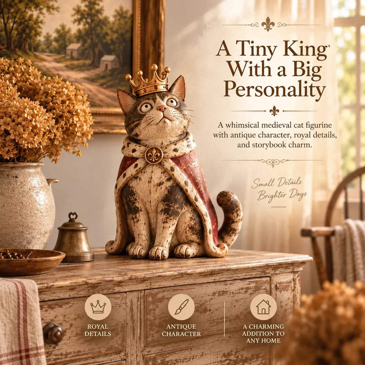 👑🐈 Figurines « La Cour des chats médiévale » — 5 personnages royaux inspirés du style vintage, à disposer sur vos étagères ou vos cheminées