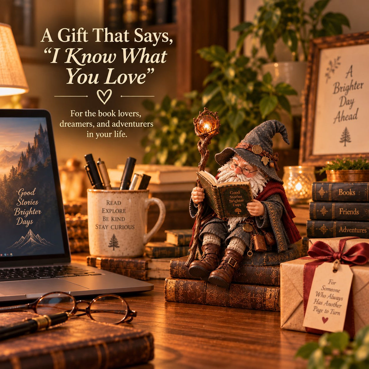 📚🧙‍♂️ Le gnome érudit errant — Figurine pour les amateurs de livres fantastiques, idéale pour les coins lecture douillets