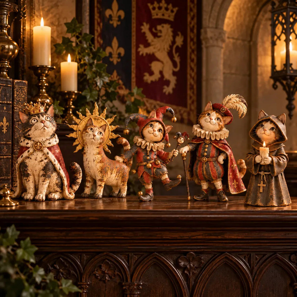 👑🐈 Figurines « La Cour des chats médiévale » — 5 personnages royaux inspirés du style vintage, à disposer sur vos étagères ou vos cheminées