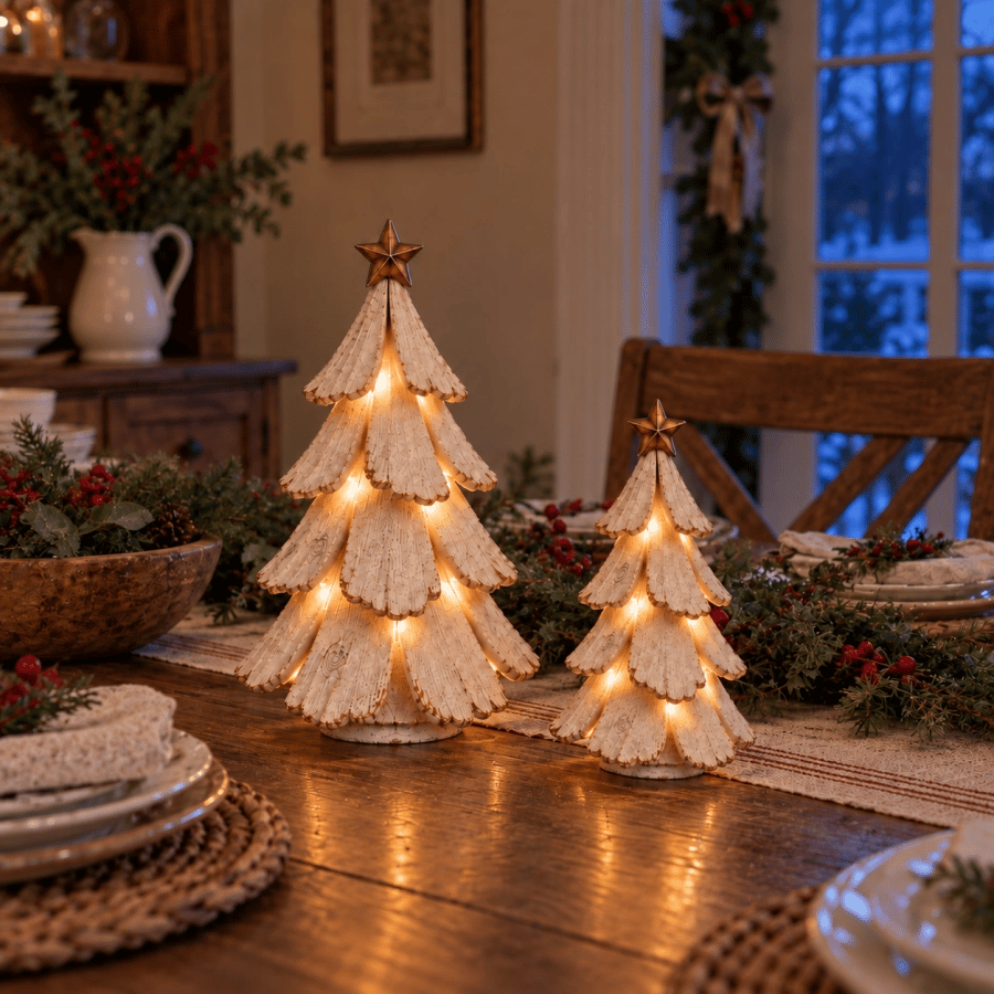 🎄✨ Figurine vintage de sapin de Noël illuminé — Décoration de Noël en céramique avec LED chaleureuses