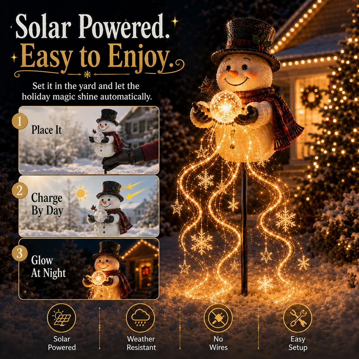 ⛄☀️ Fontaine magique « Bonhomme de neige nordique » — Guirlande de Noël à énergie solaire avec des flocons de neige lumineux