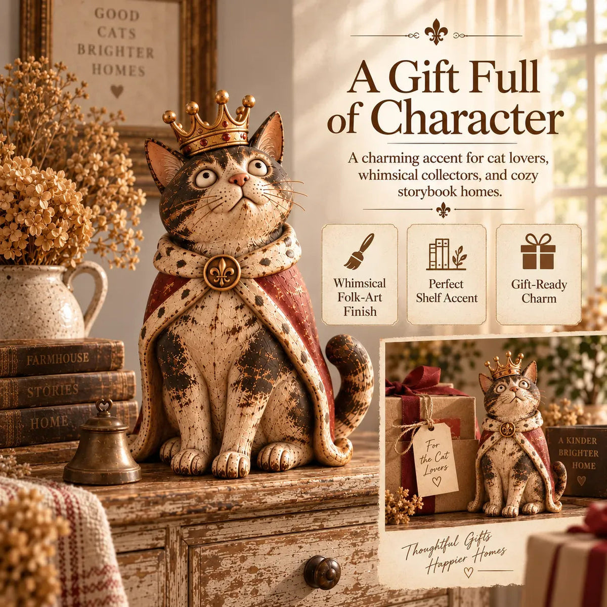 👑🐈 Figurines « La Cour des chats médiévale » — 5 personnages royaux inspirés du style vintage, à disposer sur vos étagères ou vos cheminées