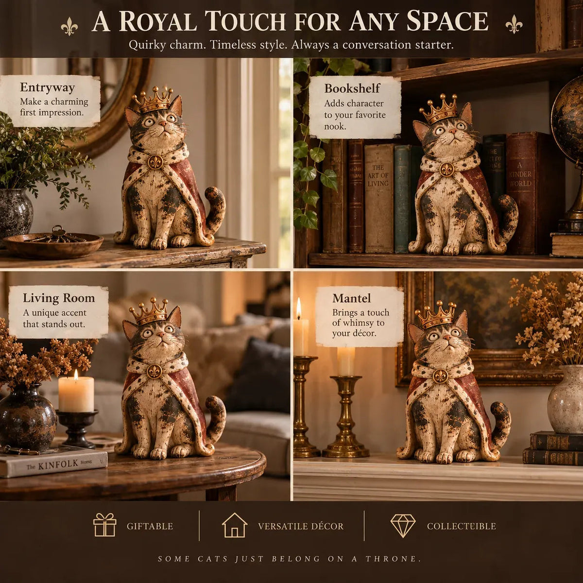 👑🐈 Figurines « La Cour des chats médiévale » — 5 personnages royaux inspirés du style vintage, à disposer sur vos étagères ou vos cheminées