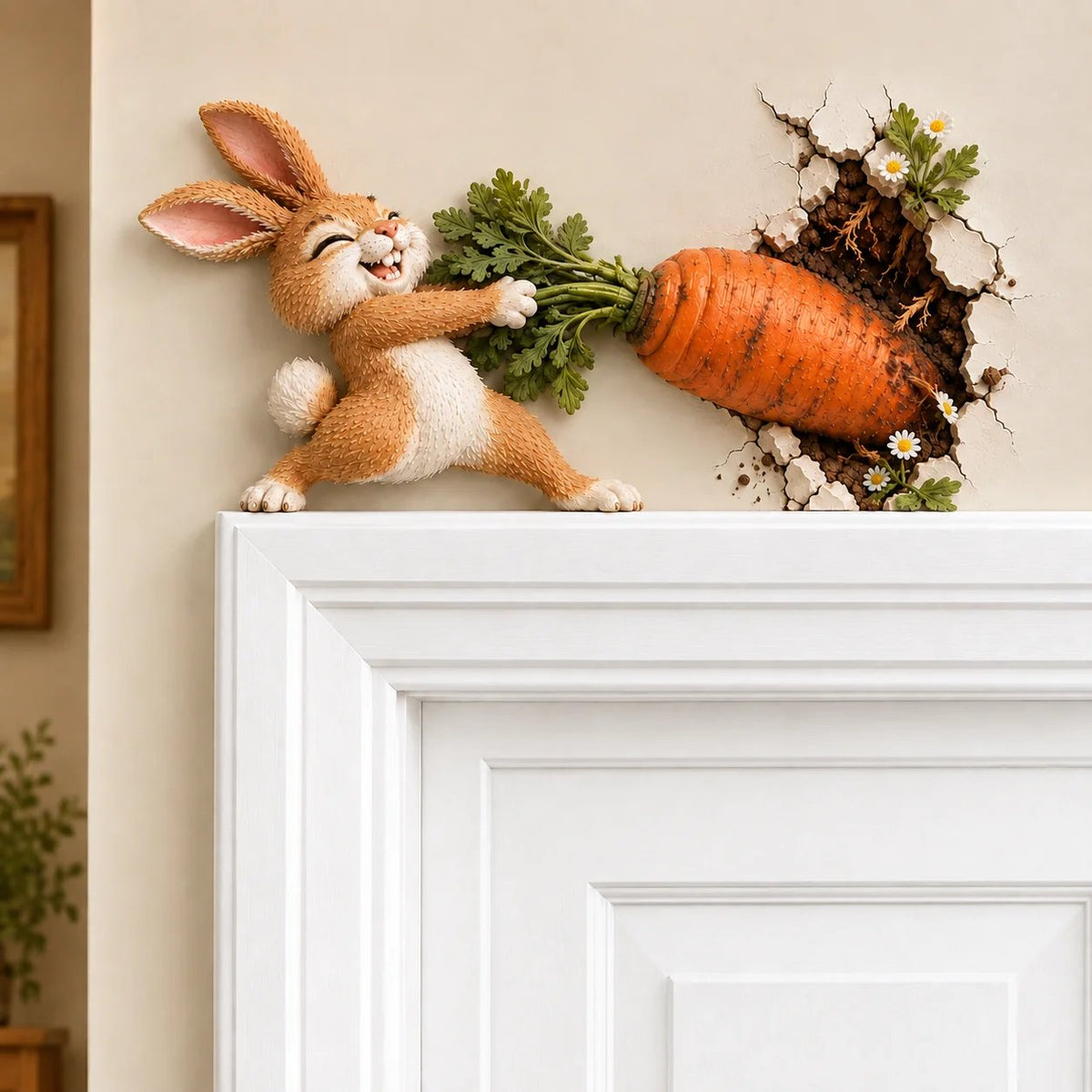 🐰🥕 Décoration murale « Lapin rigolo tirant une carotte » — Décoration de Pâques et du printemps en bois en 3D, effet « en relief »