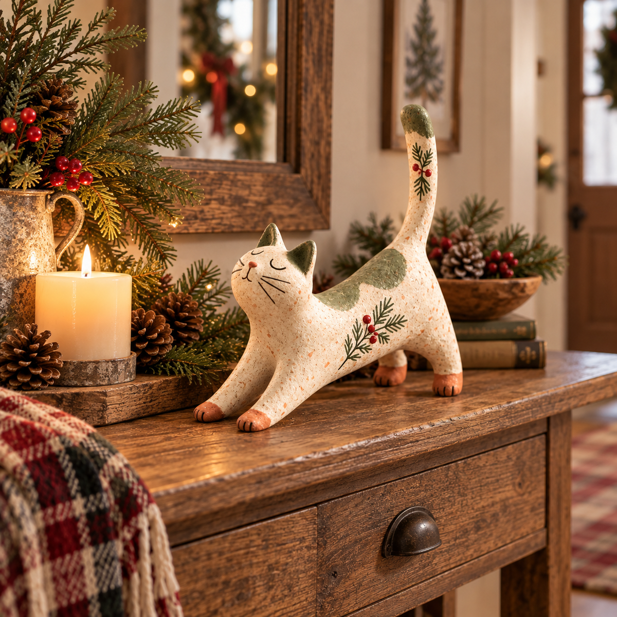🐈🎄 Figurine de chat de Noël des bois : un petit compagnon des bois tout douillet pour votre maison pendant les fêtes