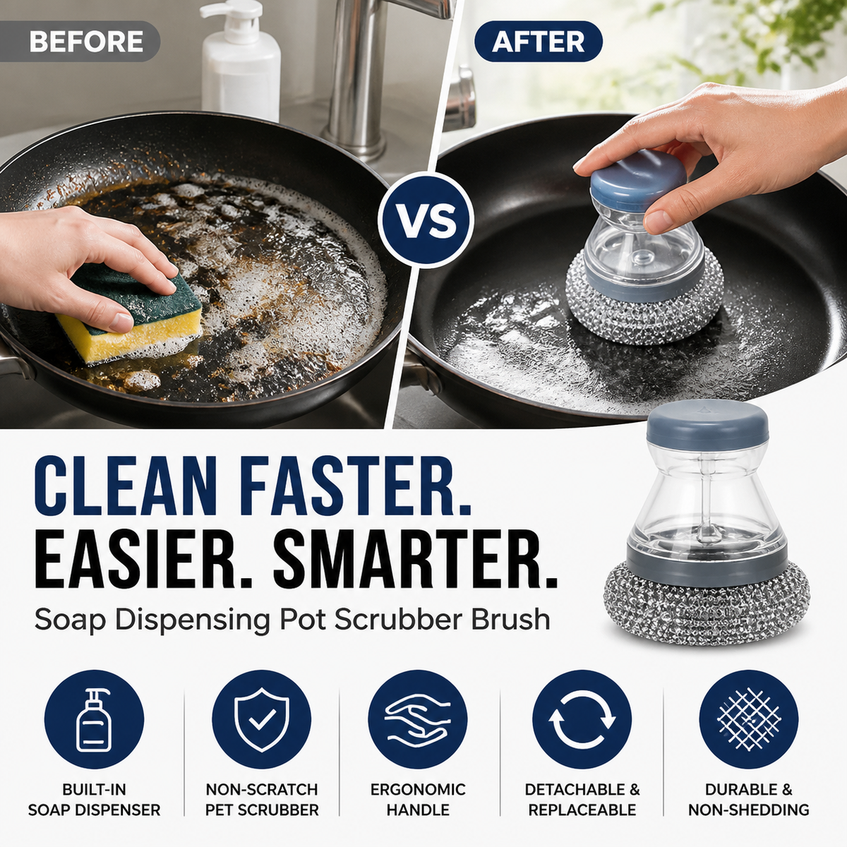 🧼Brosse à vaisselle « Press & Scrub » — Distributeur de savon intégré, nettoyage d'une seule main, plus besoin de prendre le flacon